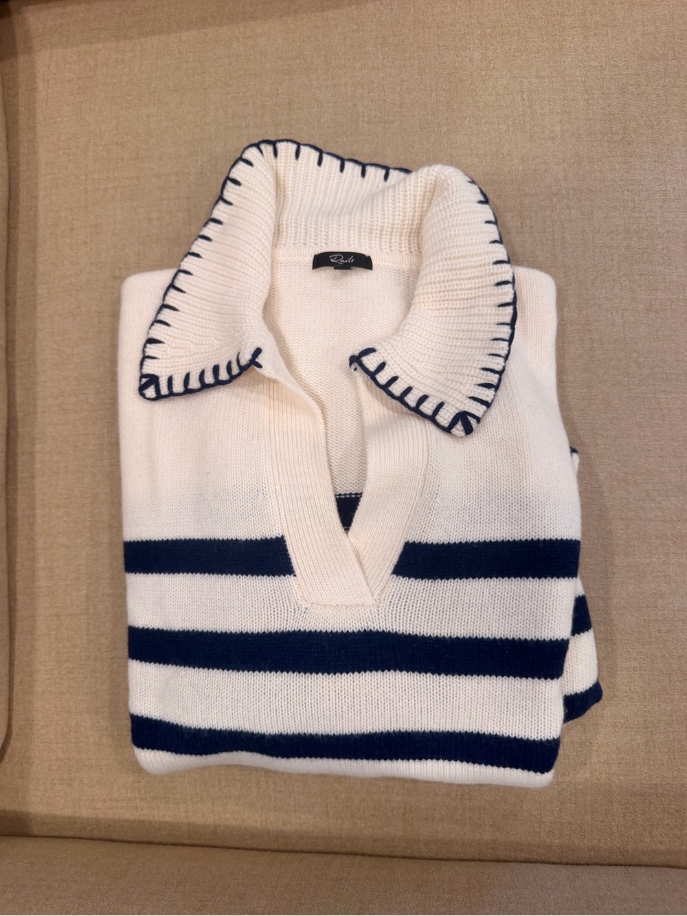 Rails Cream V-Neck Sweater with Navy Stripes